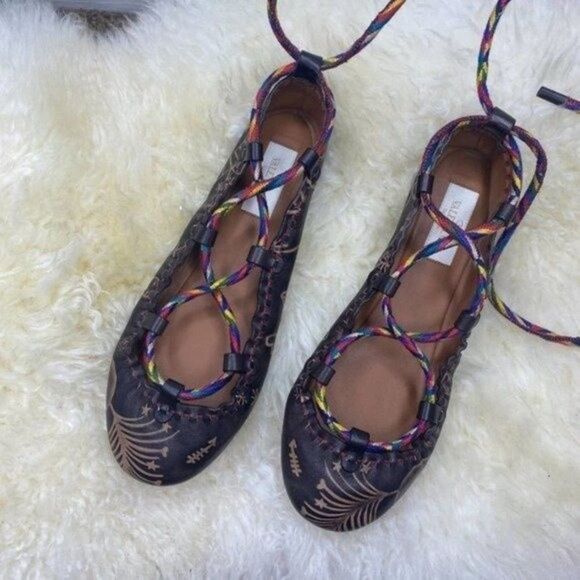 Valentino Brown Leather Bohemian Lace-Up Ballet Flats Shoes - Picture 3 of 7
